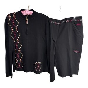 NWT 2 pc St. John Golf Black Knit Sweater & Shorts Red/Black Argyle Trim L/12